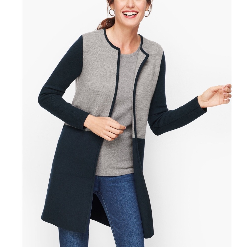 Talbots Merino Blend Colorblock Sweater Jacket Women Med Long Line Cardigan Work